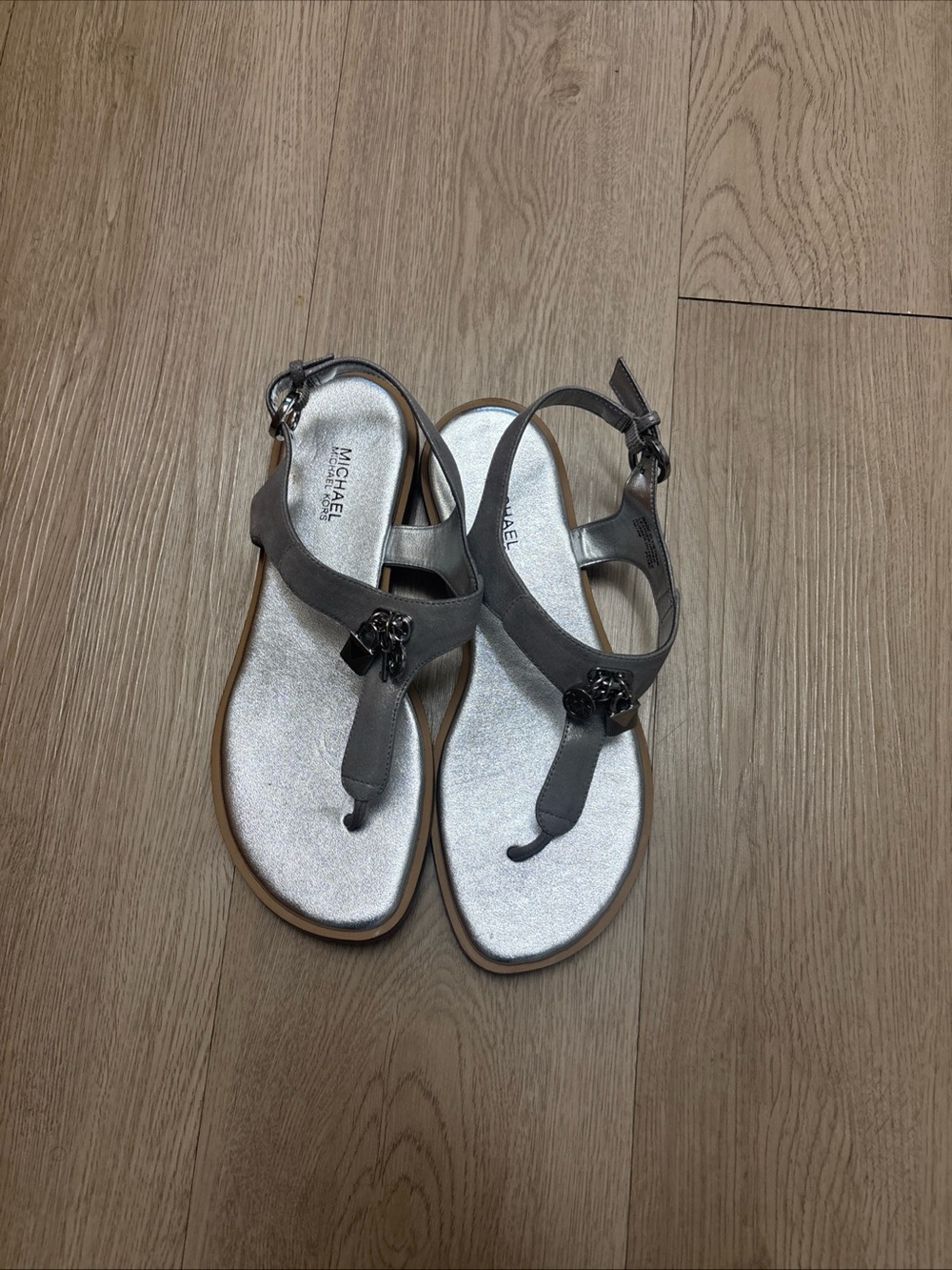 MICHAEL Michael Kors Girls' Gray T-Strap Sandals with Logo Accent